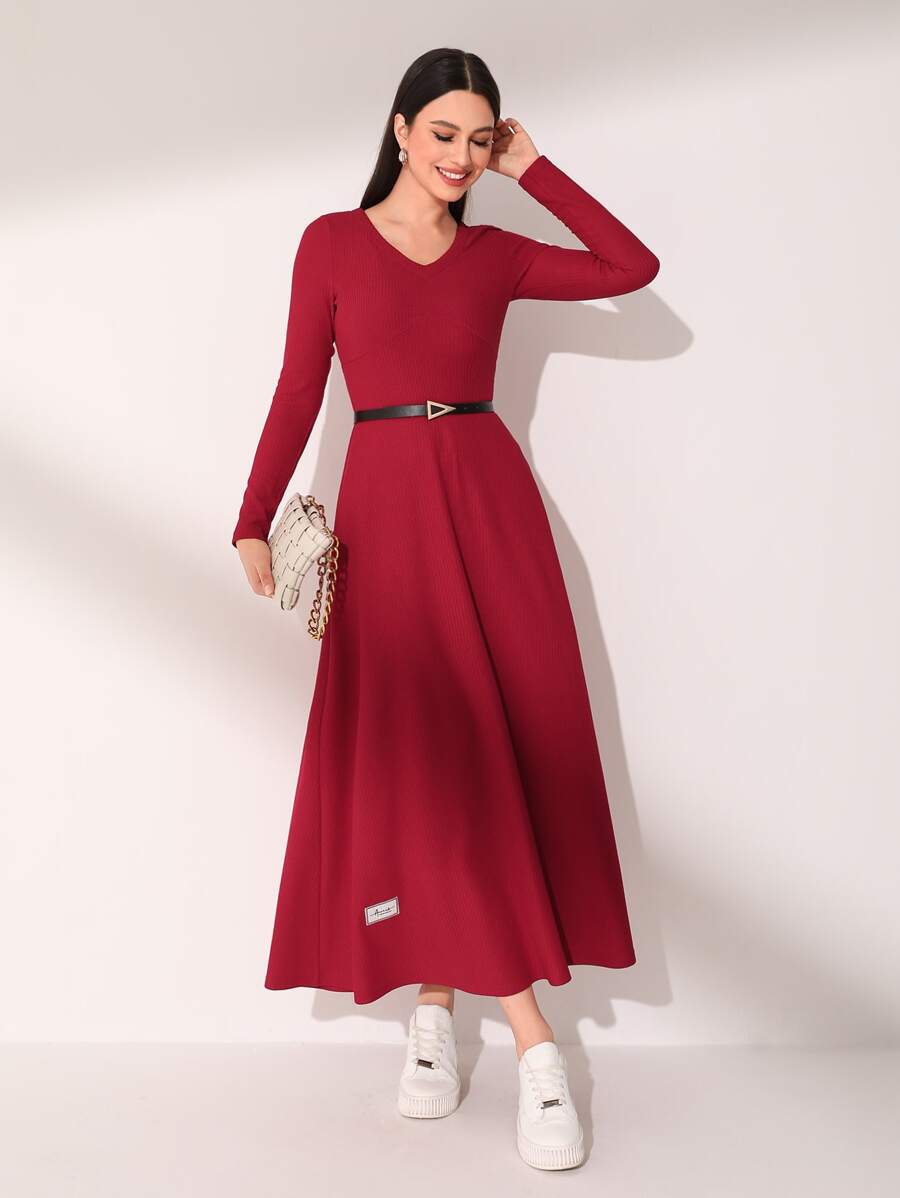 Mulvari Burgundy Red Patched Detail V Neck Dress Without Belt - Burgundy - View 1