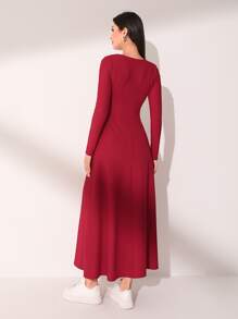 Mulvari Burgundy Red Patched Detail V Neck Dress Without Belt - Burgundy - View 2