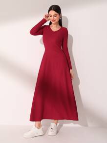 Mulvari Burgundy Red Patched Detail V Neck Dress Without Belt - Burgundy - View 3