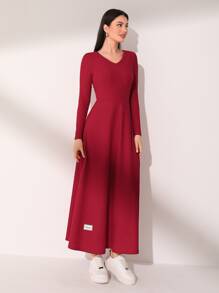 Mulvari Burgundy Red Patched Detail V Neck Dress Without Belt - Burgundy - View 4