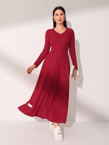 Mulvari Burgundy Red Patched Detail V Neck Dress Without Belt - Burgundy - View 5