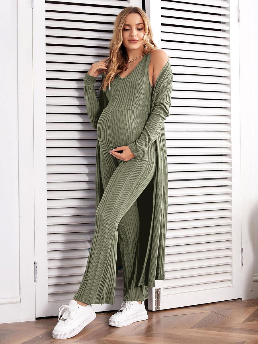 SHEIN Maternity Drop Shoulder Open Front Coat & Jumpsuit - Army Green - View 1