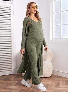 SHEIN Maternity Drop Shoulder Open Front Coat & Jumpsuit - Army Green - View 3