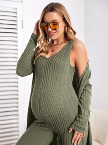 SHEIN Maternity Drop Shoulder Open Front Coat & Jumpsuit - Army Green - View 5