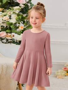 SHEIN Leap Crew Young Girl Round Neck Solid Color Dress With Long Sleeve Girl Long Sleeve Dresseslong Sleeve Girl Dress - Dusty Pink - View 1