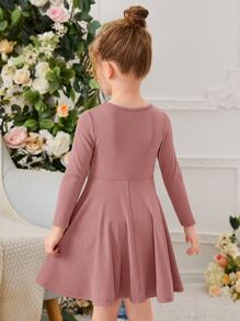 SHEIN Leap Crew Young Girl Round Neck Solid Color Dress With Long Sleeve Girl Long Sleeve Dresseslong Sleeve Girl Dress - Dusty Pink - View 2