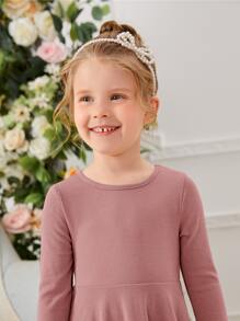 SHEIN Leap Crew Young Girl Round Neck Solid Color Dress With Long Sleeve Girl Long Sleeve Dresseslong Sleeve Girl Dress - Dusty Pink - View 5