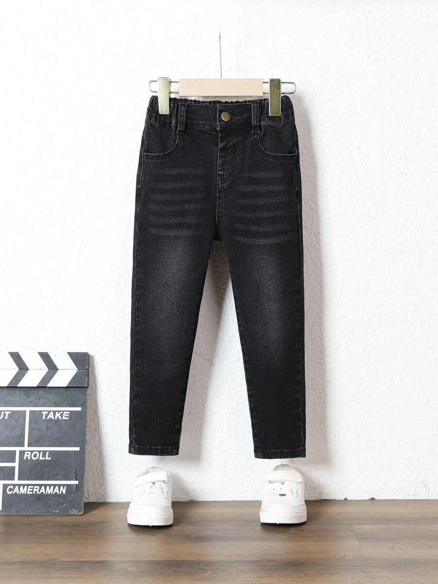 SHEIN Young Boy Elastic All-Match Black Jeans, Suitable For All Seasons, School, Campus, College Chic Outfits For Autumn/Winter - Black - View 1