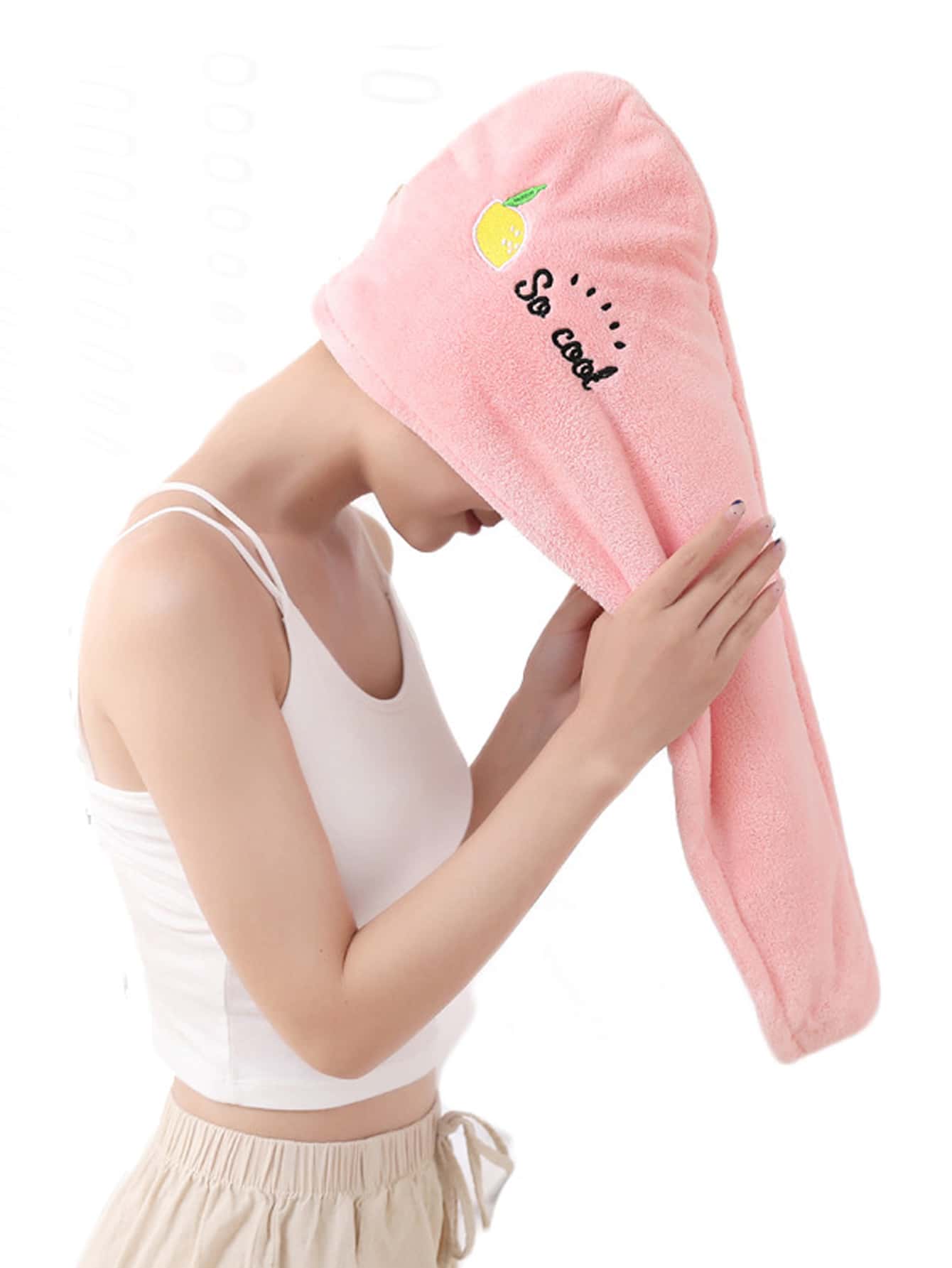 1pc Lemon & Slogan Embroidered Hair Drying Cap - Pink - View 1