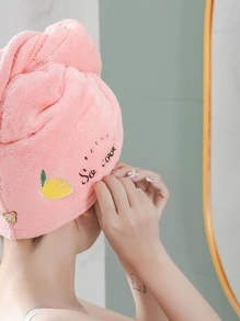 1pc Lemon & Slogan Embroidered Hair Drying Cap - Pink - View 3