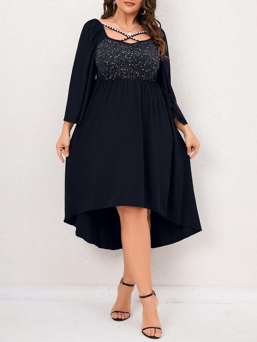 SHEIN Clasi Plus Crisscross Front High Low Hem Dress - Navy Blue - View 1