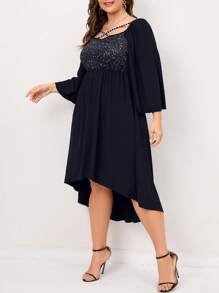 SHEIN Clasi Plus Crisscross Front High Low Hem Dress - Navy Blue - View 3