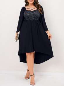 SHEIN Clasi Plus Crisscross Front High Low Hem Dress - Navy Blue - View 4