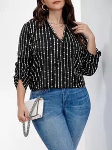 Celure Plus Striped and Polka Dot Print Roll Tab Sleeve Blouse - Black and White - View 1