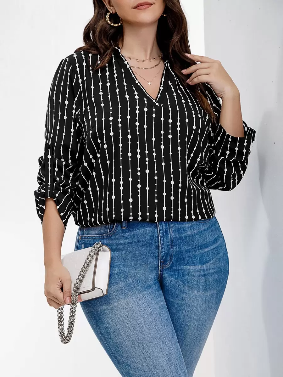Celure Plus Striped and Polka Dot Print Roll Tab Sleeve Blouse - Black and White - View 1