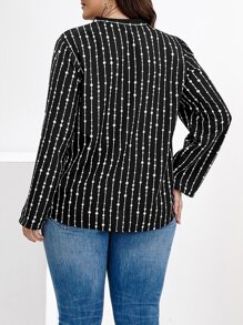 Celure Plus Striped and Polka Dot Print Roll Tab Sleeve Blouse - Black and White - View 2