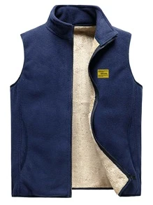 Manfinity Homme Chaleco De Chaqueta Con Parche De Letra De Osito De Peluche Para Hombre - Azul Marino - Ver 1