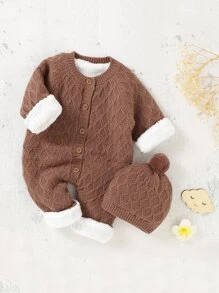 Baby Button Through Thermal Knit Jumpsuit With Hat - Coffee Brown - View 1