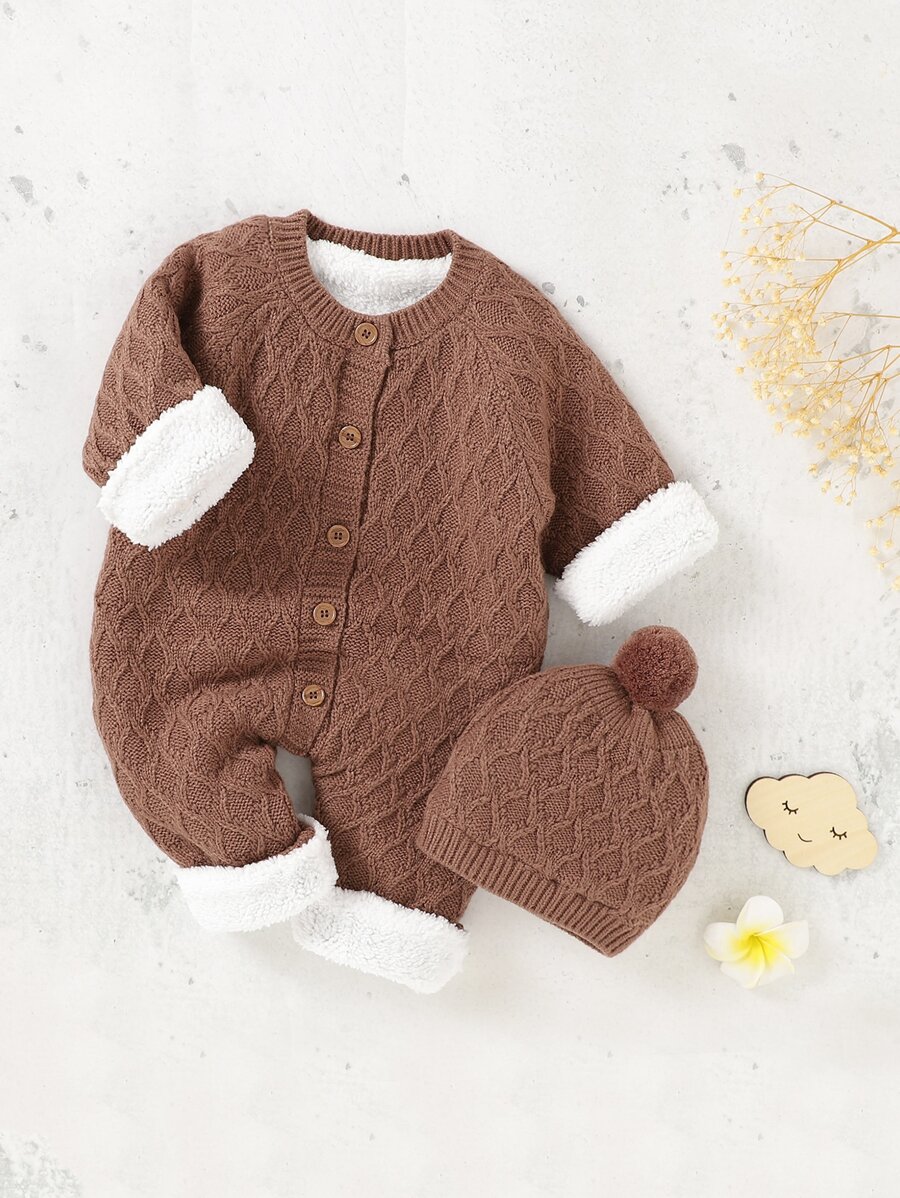 Baby Button Through Thermal Knit Jumpsuit With Hat - Coffee Brown - View 1