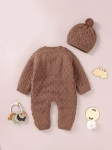 Baby Button Through Thermal Knit Jumpsuit With Hat - Coffee Brown - View 2
