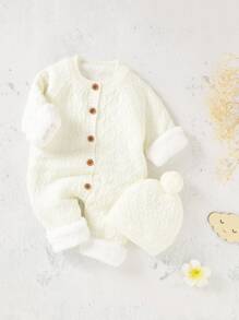 Baby Button Through Thermal Knit Jumpsuit With Hat - White - View 1