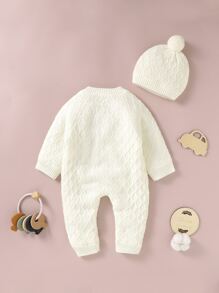 Baby Button Through Thermal Knit Jumpsuit With Hat - White - View 2