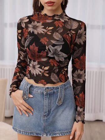 SHEIN Privé Floral Print Lettuce Trim Crop Mesh Top Without Bra