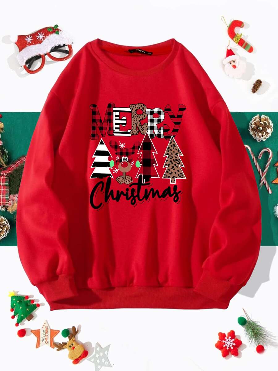 Christmas Print Drop Shoulder Sweatshirt - Red - View 1