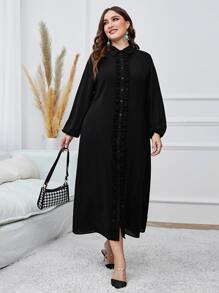 Modelyn Plus Ruffle Trim Lantern Sleeve Shirt Dress - Black - View 5