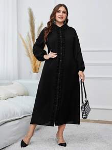 Modelyn Plus Ruffle Trim Lantern Sleeve Shirt Dress - Black - View 3