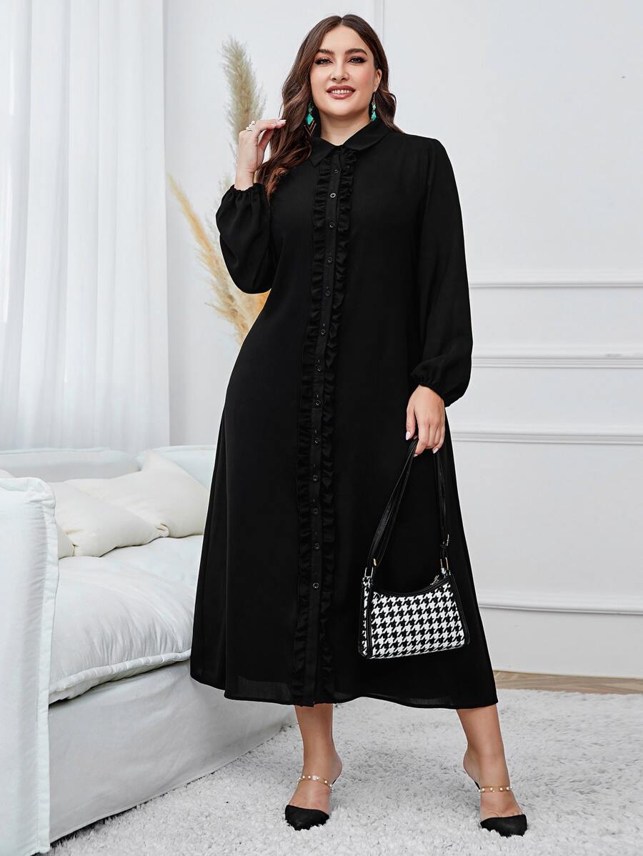 Modelyn Plus Ruffle Trim Lantern Sleeve Shirt Dress - Black - View 1