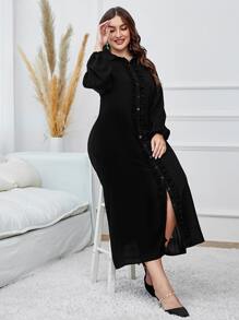 Modelyn Plus Ruffle Trim Lantern Sleeve Shirt Dress - Black - View 6