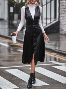 SHEIN Privé Single Breasted PU Pinafore Dress Without Top - Black - View 4