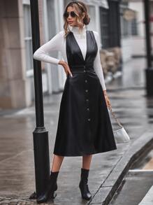 SHEIN Privé Single Breasted PU Pinafore Dress Without Top - Black - View 6