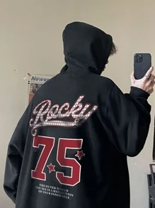 Manfinity Lỏng lẻo Nam Đồ họa Chữ cái Thả vai Dây rút Hoodie - màu đen - Xem 6