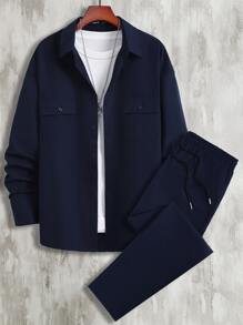 Manfinity Homme Men Flap Pocket Shirt & Drawstring Waist Trousers Without Tee - Navy Blue - View 1
