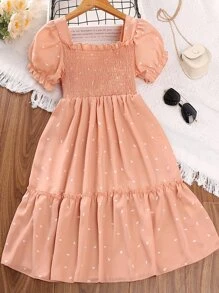 SHEIN Toddler Girls Dalmatian Print Ruffle Hem Shirred Dress - Coral Pink - View 1