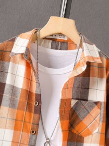 SHEIN Tween Boy Plaid Patched Pocket Shirt Without Tee