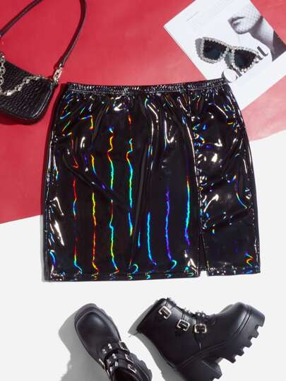 Plus Split Hem PU Leather Skirt