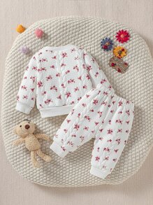 Newborn Baby Boy Floral Print Sweatshirt & Joggers - White - View 2