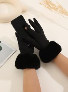 1pair Women's Popular Design Plush Lined Fingerless Gloves With Touchscreen Function, Suitable For Daily Use In Autumn/winter To Keep Warm - Black - View 1