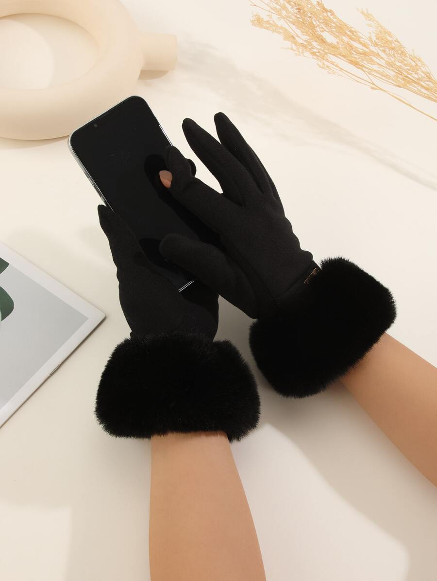 1pair Women's Popular Design Plush Lined Fingerless Gloves With Touchscreen Function, Suitable For Daily Use In Autumn/winter To Keep Warm - Black - View 1