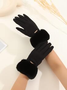 1pair Women's Popular Design Plush Lined Fingerless Gloves With Touchscreen Function, Suitable For Daily Use In Autumn/winter To Keep Warm - Black - View 2