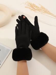 1pair Women's Popular Design Plush Lined Fingerless Gloves With Touchscreen Function, Suitable For Daily Use In Autumn/winter To Keep Warm - Black - View 3