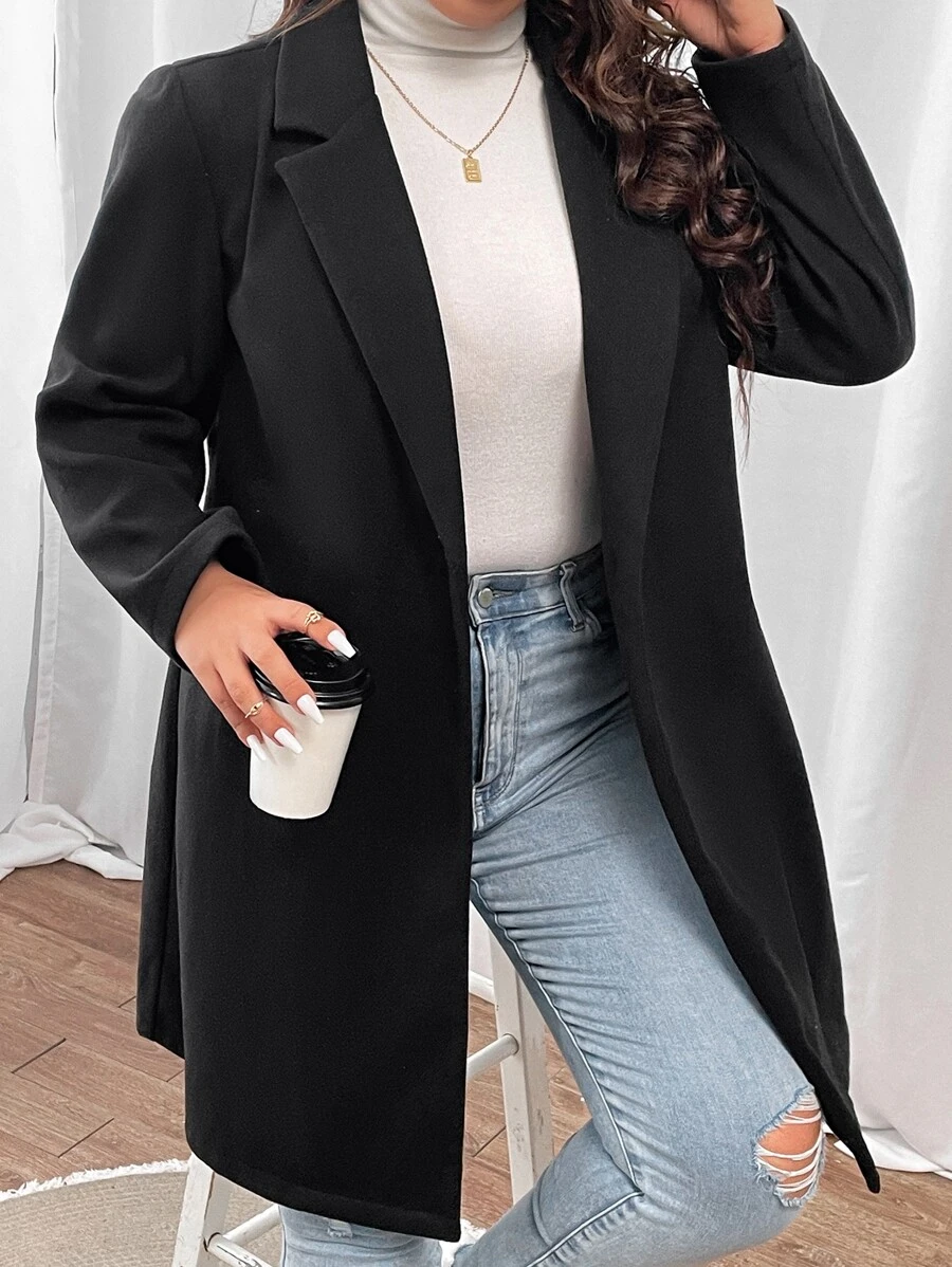 Flirla Plus Lapel Neck Single Button Overcoat - Black - View 1