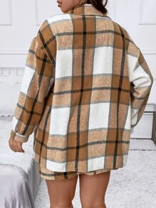 Flirla Plus Plaid Print Drop Shoulder Flap Pocket Coat & Skirt - Camel - View 2