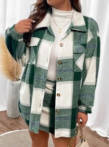 Calvaya Plus Plaid Print Drop Shoulder Flap Pocket Coat & Skirt - Green - View 3