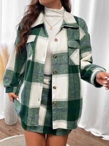 Calvaya Plus Plaid Print Drop Shoulder Flap Pocket Coat & Skirt - Green - View 4