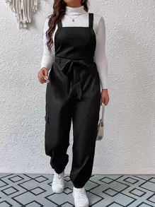 SHEIN Unity Jumpsuits Plus Size Thắt lưng Túi màu trơn Giải trí - màu đen - Xem 1