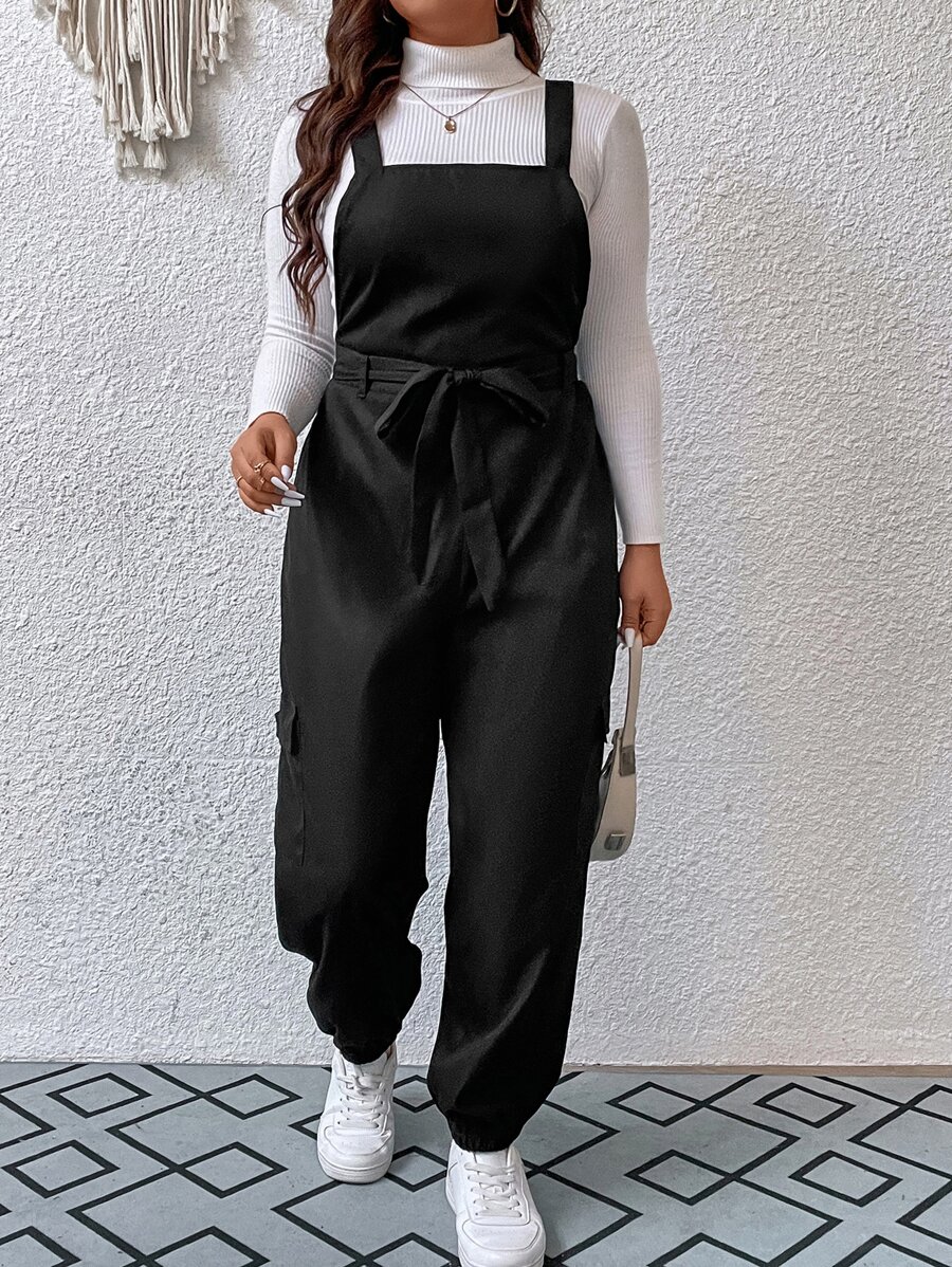 SHEIN Unity Jumpsuits Plus Size Thắt lưng Túi màu trơn Giải trí - màu đen - Xem 1